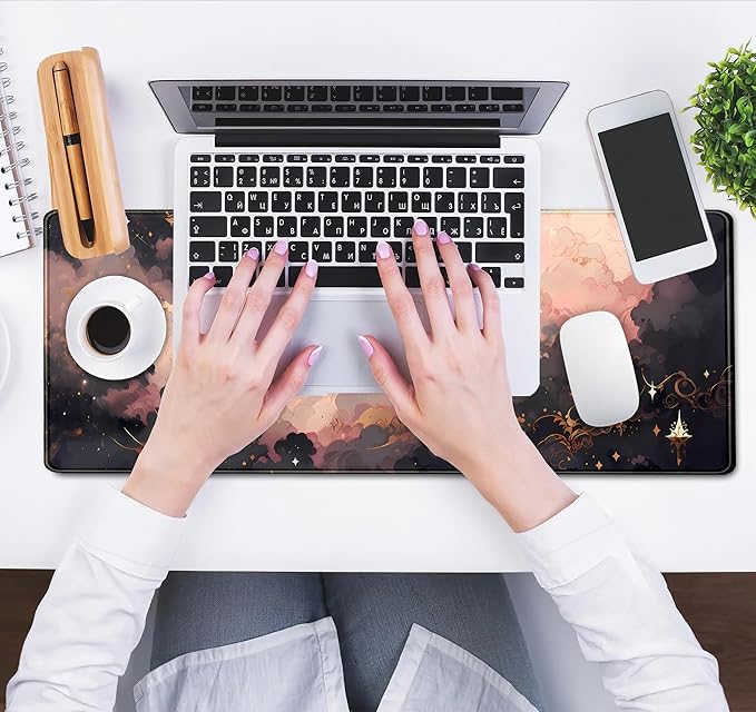 Black Pink Clouds Desk Mat Cute Desk Pad XL Large Extended Mouse Pad Gaming Celestial Mousepad Desk Matt for Desktop, Computer Keyboard and Mouse Mat for Women Office Decor Accessories 31.5x11.8 in