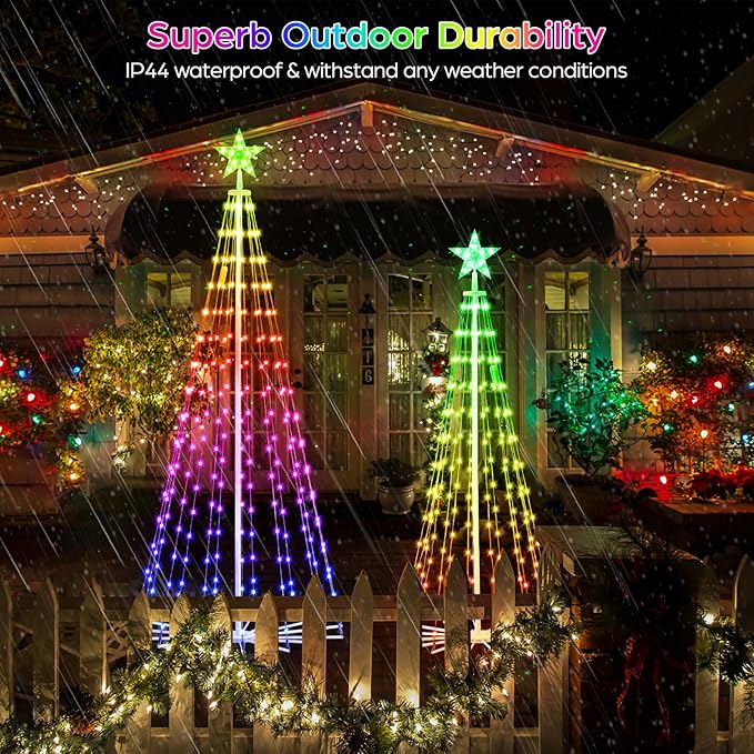 Smart Christmas Tree Lights with App & Remote Control, RGB Color Changing LED Cone Tree Lights, Music Sync, Custom Light Show, Waterproof Outdoor Decoration for Xmas, New Year, Parties (Set 2：5FT+6FT)