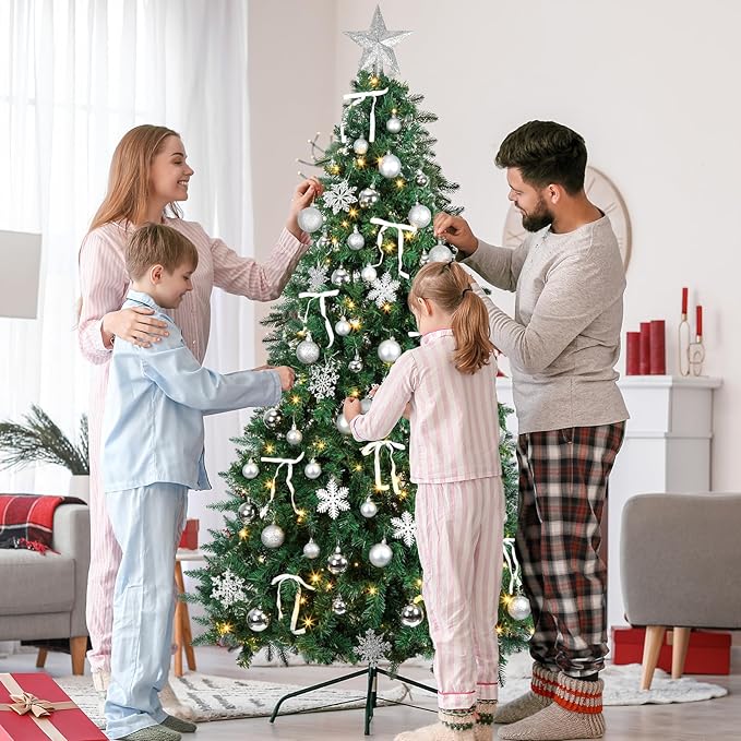 86Pcs Led Light Silver Christmas Tree Decorations Set 100 Led Light Christmas Star Trees Topper with String Lights Xmas Balls Snowflakes Ornaments Bows Xmas Trees Decor 20m Light String