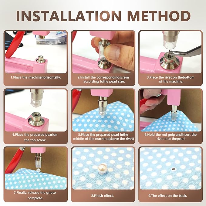 Pearl Setting Machine Hand Press Tools 2 Boxes White No Holes Pearl Beads with Rivet Studs Screw Heads L Hexagon Wrench for Decorating Clothes Hat Trousers Dresses Bag Hair Band DIY Crafts (Pink)