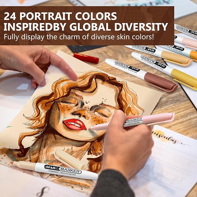 SFAIH 24 Skin Tone Permanent Markers - Assorted Portrait Colors, Fine Point Permanent Markers for Portrait, Figure, Animals, Trees Painting, Coloring Book, Decorate Wood, Quick Drying, Fade Resistant