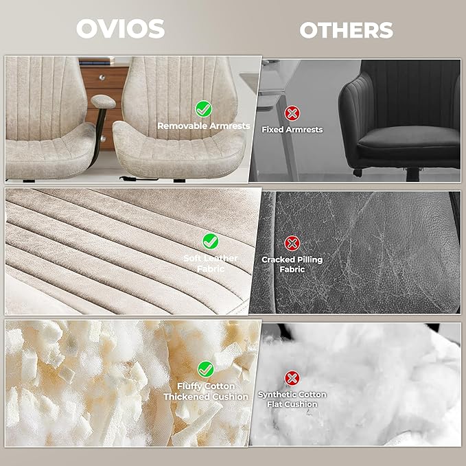 ovios Ergonomic Home Office Chair, Mid-Century Modern Faux Leather Chairs with Padded Armrests, Comfy High Back Swivel Rolling Executive Computer Armchair (Beige, Suede Leather)