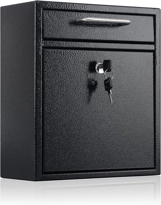 xydled Steel Mailbox Wall Mount, Medium Locking Mailbox with Key Lock, Lock Mail Boxes for Outside, Security Key Drop Box, Collection Boxes, 13.4H x 11.6L x 5.6W Inches, Black, Large