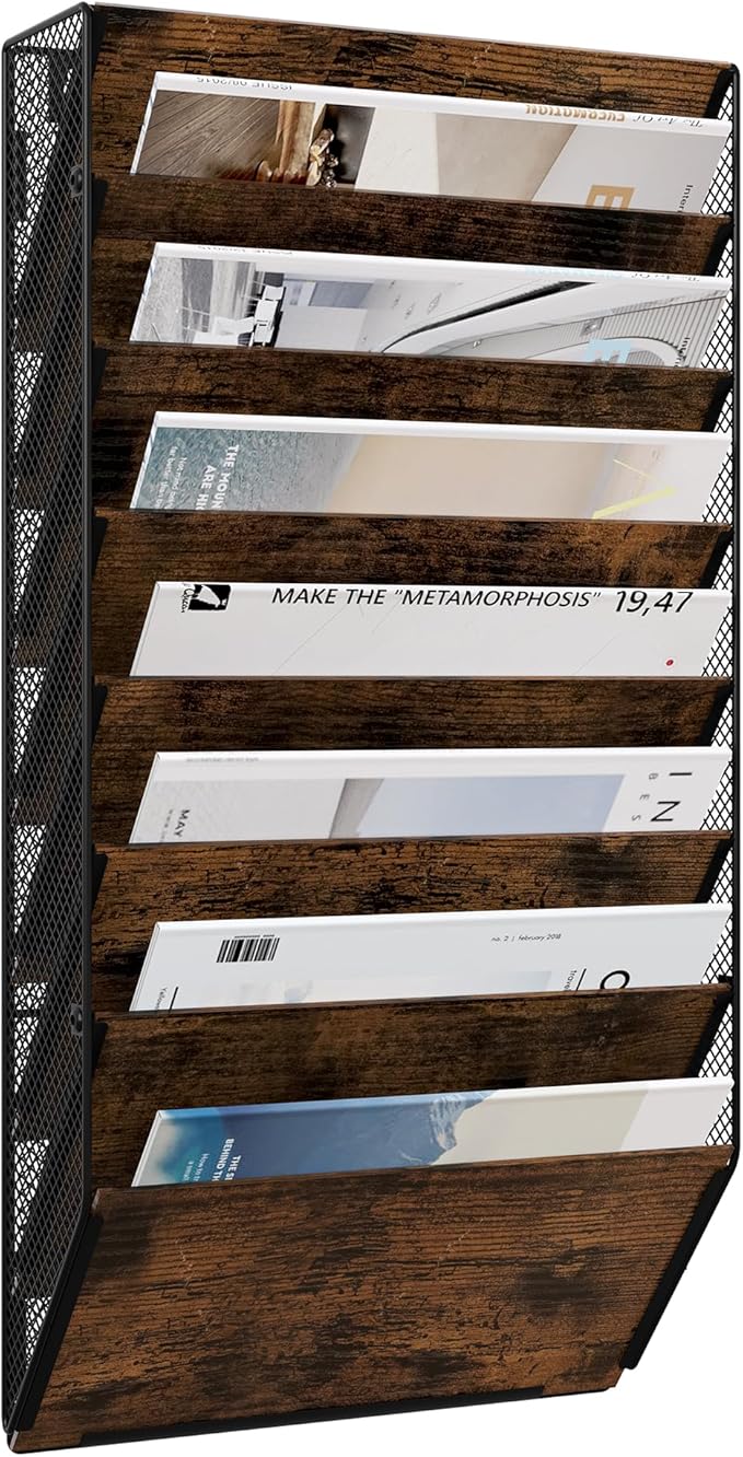 Metal Wall File Folder Organizer, 8-Tier Mesh Hanging Wall File Organizer, Magazine Rack With Pockets, Wood Document Holder for Office Home, Brown