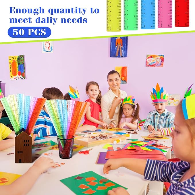 Zonon 50 Pcs 6 Inch/12 Inch Plastic Rulers Bulk Flexible Straight Rulers with Inches Centimeters First Day of School Gift Students Back to School Office Home Supplies(Clear Colorful,12 Inch)