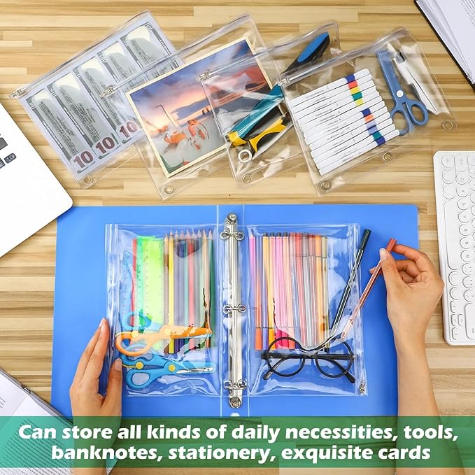 Lincia 48 Pack Clear Pencil Pouch for 3 Ring Binder Pencil Case with Metal Zipper 3 Ring Binder Pocket Inserts Bag 10 x 7'' Visible Cash Envelope with Re-enforced Grommet for College Office Supplies