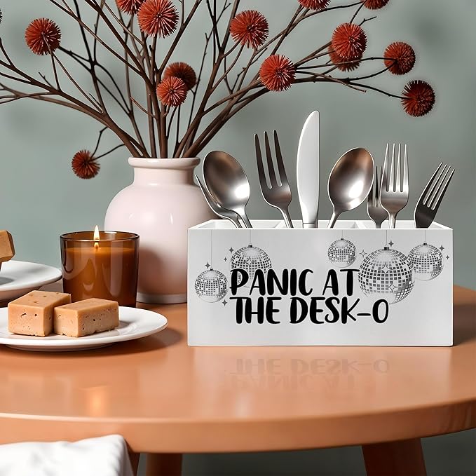 Funny Trendy Disco Ball Pencil Pen Holder for Desks, Panic at the Desk-O Mental Health Wooden Pencil Holder Organizer for Home Office Desk Accessories, Office Humor Gifts for Women