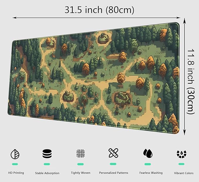 Retro Brown Green Desk Mat XL Large Gaming Green Forest Pixel Mouse Pad Non-Slip Rubber Base Mousepad, Keyboard Mouse Mat, Laptop Computer Mat with Stitched Edges, Office Work Mat 31.5x11.8 in