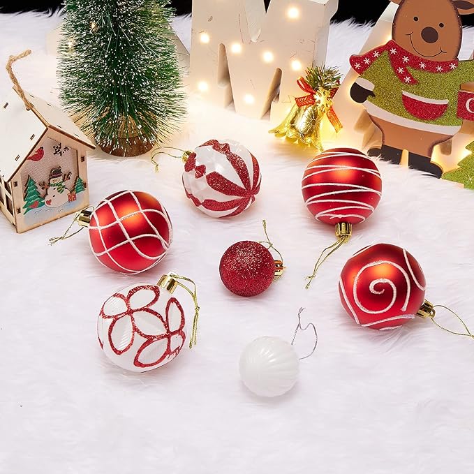 100Pcs Elegant Christmas Balls Set Christmas Tree Ornaments with Glitter and Patterns Bulk Ornaments for Tree as Festive Christmas Decor Xmas Ball Set Red White