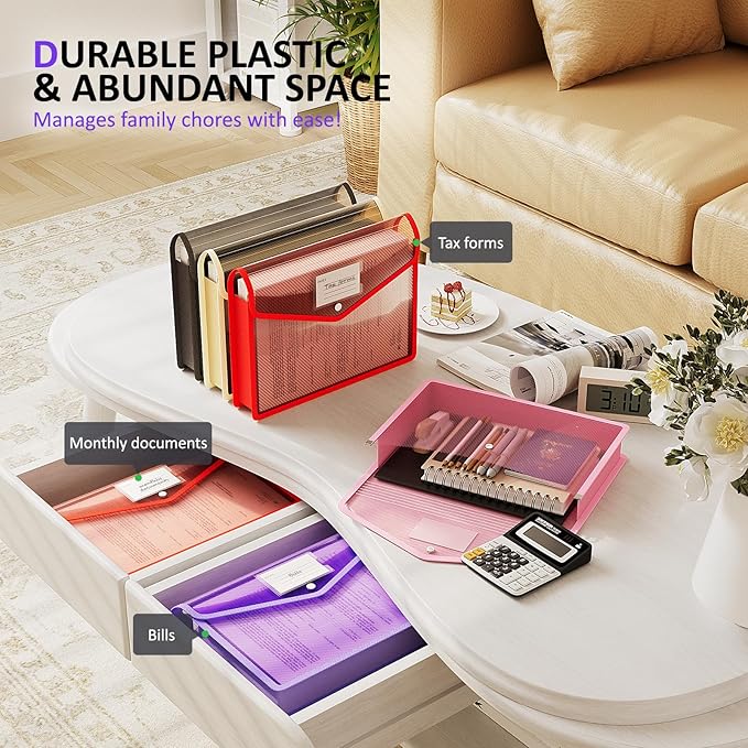 ThinkTex Plastic Expanding File Folder, Transparent envelopes with Snap Closure,No Dividers,Large Capacity,Document Organizer for Receipts, Bills&Taxes,Letter/A4 Size for School/Office/Home-5 Pack