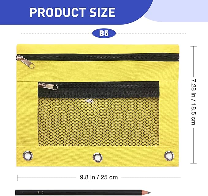 Pencil Pouch for 3 Ring Binder - 3 Hole Zipper Pen Case Bag Holder Bulk Accessories Clear Window Aesthetic Organizer Pockets (Yellow, 1)