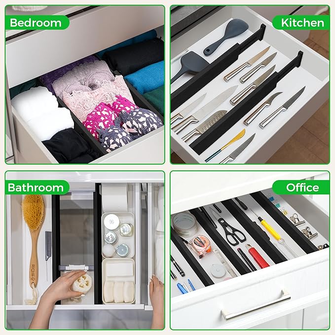 Bamboo Drawer Dividers Organizer with Inserts, Expandable from 12.5-21.7", Adjustable Drawer Organizer Separators for Utensils, Dresser, Bedroom, Bathroom, Closet, Clothing, Office (Black)