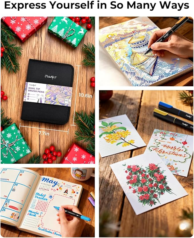 JusArt Markers for Adult Coloring Books No Bleeding, Coloring Markers with Dual Tips, Fine & Brush Pens with Ergonomic Triangle Grip & 33% More Ink, Water-Based Art Drawing Set for Adults, 100 Colors