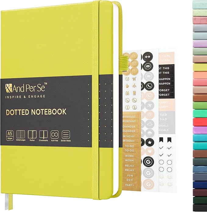 &And Per Se Dotted Journal Notebook, A5 Hardcover Bullet Dotted Journal, 160 Pages 100 gsm Thick Paper, 3 Sheets of Stickers Included - 5.7'' x 8''（Lime Green）