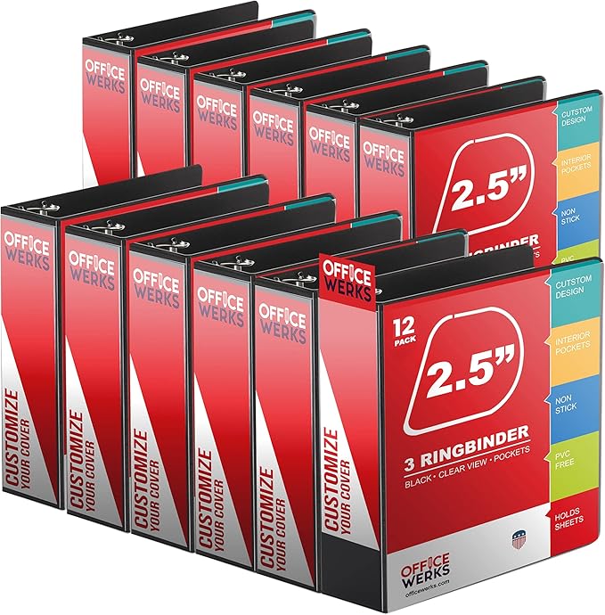 12 Pack of 2.5 Inch 3 Ring Binder with Locking Angle D Rings, Professional Heavy Duty Large Storage Binder with Pockets, Fits 8.5 x 11 Inch Sheets, Non-Stick Clear View Cover, Customizable, Black