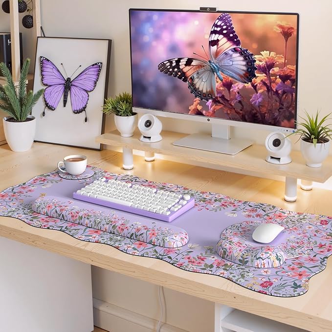 iLeadon XXL Mouse Pad, Mousepad with Wrist Rest, Memory Foam Wrist Support for Keyboard, Ultra Smooth Mouse Pad for Gaming, Purple Desk Mat for Office Home (Floral)