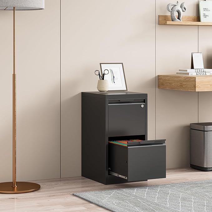 2 Drawer File Cabinet, Metal Vertical File Cabinets with Lock for Home Office, Locking File Cabinet Hanging Files for A4/ Legal/Letter, Assembly Required (Black, 2 Drawer - 15" W)