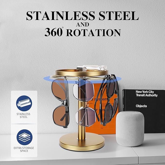 360° Rotating Sunglass Organizer Storage, Stainless Steel Glasses Holder Stand, Glasses Organizer with Tray for Desk, Dresser, Tabletop, Nightstand and Home Decor (Gold)