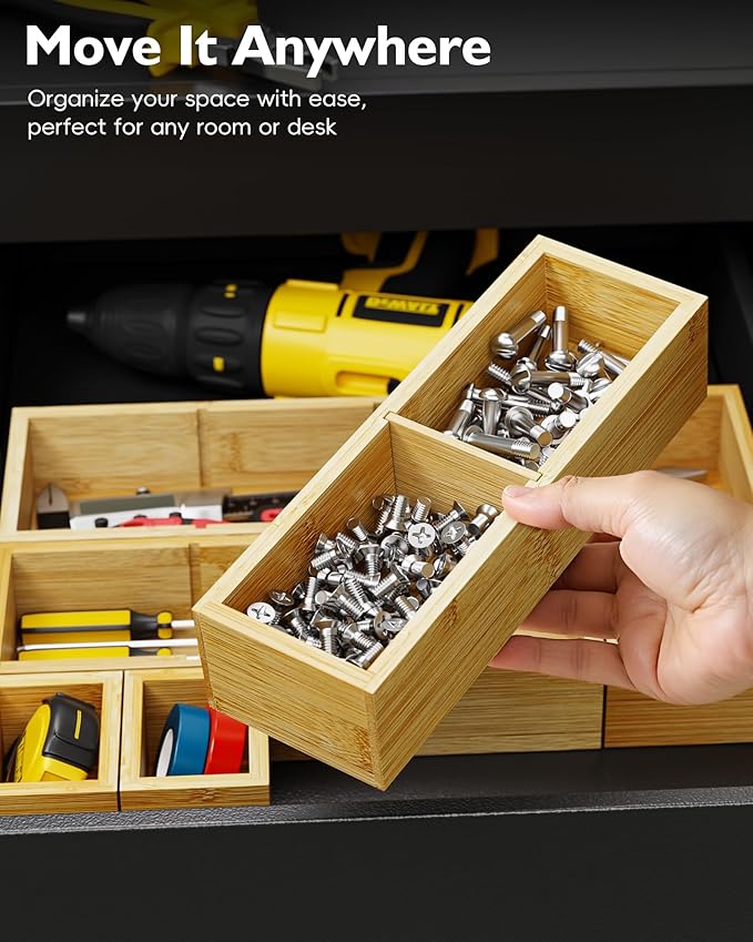 Desk Drawer Organizer Tray Set of 6 – Bamboo Office Storage Boxes with 12 Compartments for Office Supplies, Cosmetics, Jewelry and More