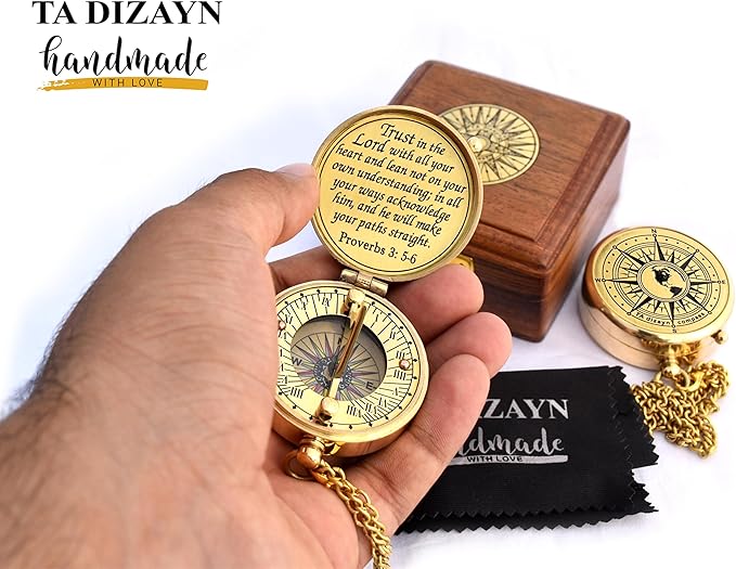 Trust in The Lord With All Your Heart - Proverbs 3:5-6 Quote Engraved Compass With Wooden Box, Greeting Card, Gift Compass, Graduation Day Gifts 2024 for Women Men Boys Girls