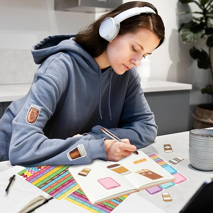 B1ykin Notebook Sticky Notes Stationery Set, 6Pcs Hardcover Ruled Journal Notebook with Planner Stickers, Neutral Pen Bookmarks Clips Birthday Gift for Office School Students (Coffee)