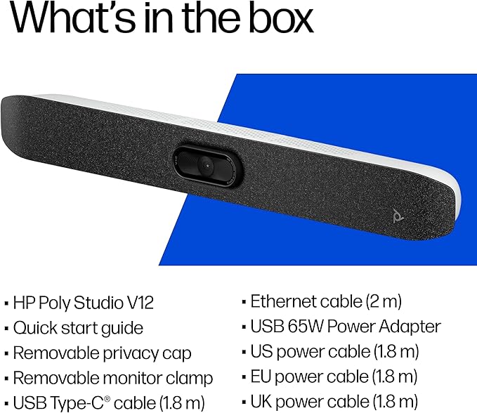 Poly Studio V12 – USB Video Bar for Small Rooms - 4K 20MP Camera, AI-Enhanced Audio, Noise Cancellation, Poly Lens Management - Microsoft Teams, Zoom & Google Meet Compatible - Thoughtfully Made