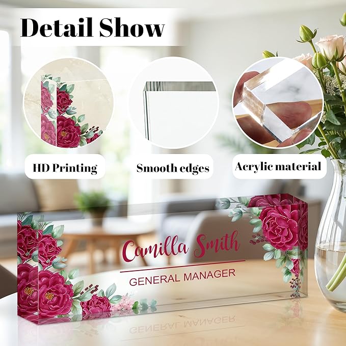 Ship Next Day Personalized Name Plate for Desk, Custom Acrylic Desk Name Sign, Office Appreciation Gifts for Women Men Coworkers Boss Teacher Employee (Flower-Rose)