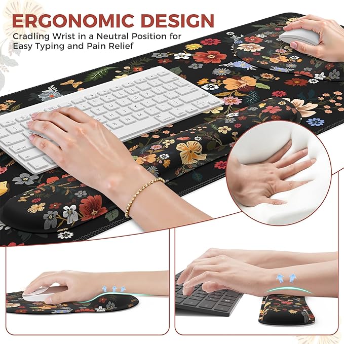 iCasso Desk Cover Mat, 4in1 Floral Large Mouse Pad with Wrist Rest, Desk Matt for Desktop, Anti-Slip XXL Big Computer Ergonomic Mousepad with Wrist Support for Keyboard and Mouse (Flowers)
