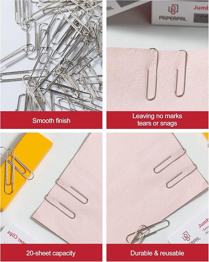 PAPERPAL Paperclips for Office School & Personal Use, Jumbo Smooth Paper Clip (2"), 1000 Large Paper Clips (10 Boxes of 100 Each), Silver