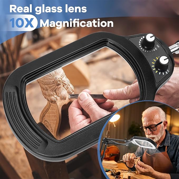 10X Rectangle Magnifying Glass with Light and Stand, Real Glass Lighted Magnifier Hands Free, Mechanical Knob 5 Color Modes Stepless Dimmable, 2-in-1 LED Desk Lamp with Clamp for Close Work, Reading