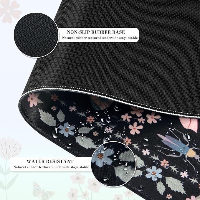 iCasso Black Large Mouse Pad, Desk Matt for Desktop, XXL Desk Mat for Keyboard and Mouse, Anti-Slip Big Mousepad Computer Mat with Stitched Edges(Insects)