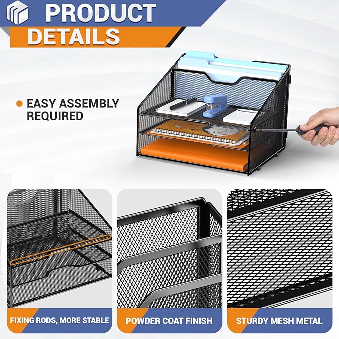 Letter Tray Organizer, Mesh Desk File Organizer with 3 Paper Trays and 2 Vertical Upright Section (White)