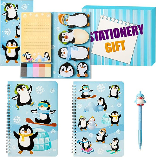 B1ykin 3Pcs Penguin Notebook Sticky Notes Stationery Gift Set, A5 Spiral Notebooks & 550 Sheets Sticky Notes with Silicone Penguin Neutral Pen Kit for Office School Kids Students Birthday Supplies