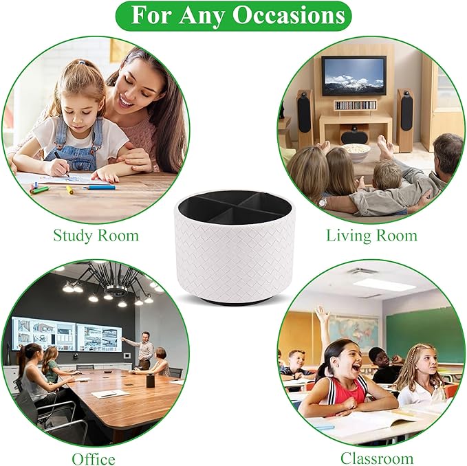 Hennaja Round Leather Art Supply Organizer,Remote Control Holder,360 Degree Spinning,Multi-Functional Pencil Holder,4 Compartments Desktop Stationary Organizer(1-Weave White)