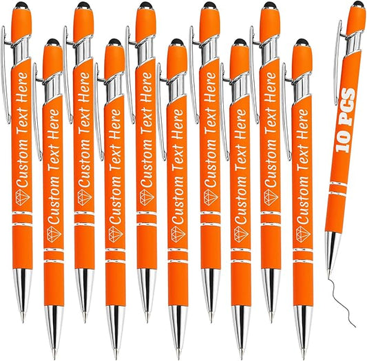 Personalized Pens Bulk 10 with Name Custom Engraving Ballpoint Pens with Stylus Tip Customized Smooth Writing Pens Personalized Gifts for Anniversary Birthday or Graduation(Orange,Black Ink)