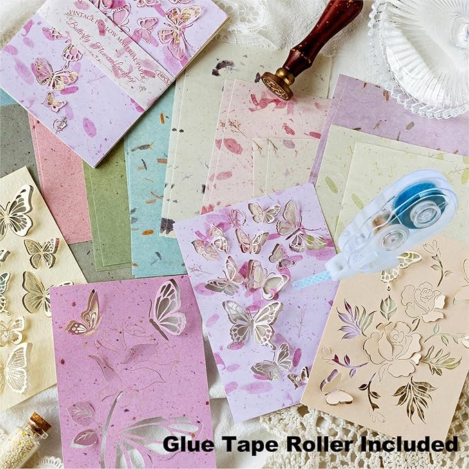 Vintage Butterfly-Themed Scrapbook Paper Set, 144 PCS Including Hollow-Out and Decorative Paper for Junk Journaling, Scrapbooking, DIY Crafts, and Art Supplies