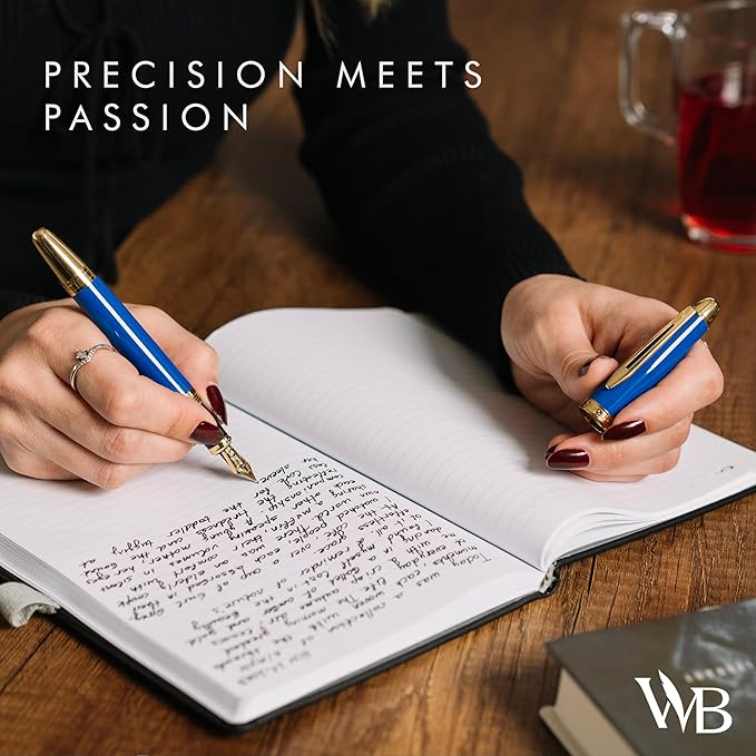 Wordsworth & Black Majesti Fountain Pen-(Blue), Luxury Case, 24K Gold Finish; 18K Gilded Medium Nib- Ink Cartridges, Refillable Ink Converter-Calligraphy Pen-Best Business Gift Set for Men & Women