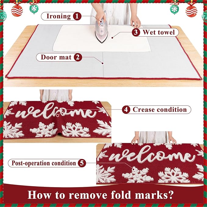 Christmas Doormat with Non Slip, Loop Pile Red and White Indoor Christmas Welcome Mat with Absorbent & Dirt-Trapping, Porch Decor Outdoor Front Door Mat 32x48 Inch