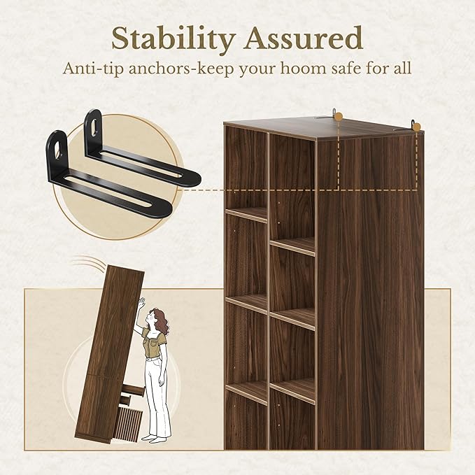 Bookshelf, Bookcase with Doors and 2 Drawers, Fluted Tall Bookshelf with 4-Tier Storage Shelves, 73 inch Wooden Book Shelf for Home Office, Living Room, Black Walnut