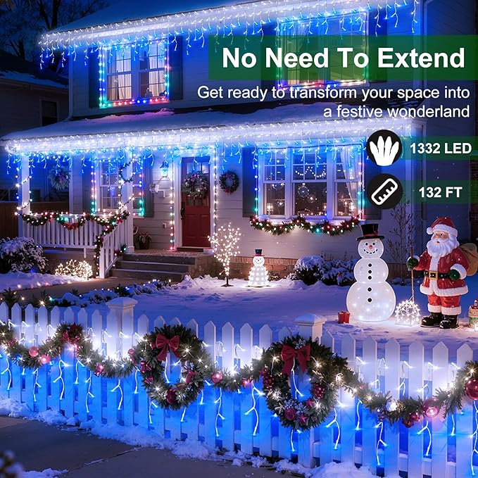 1332 LED Christmas Lights with 296 Drops,132ft 12 Modes Hanging ice String Lights with Timer & Dimmable & Waterproof, Plug-in Fairy Lights for Holiday Wedding Party Christmas Decor Blue & CoolWhite