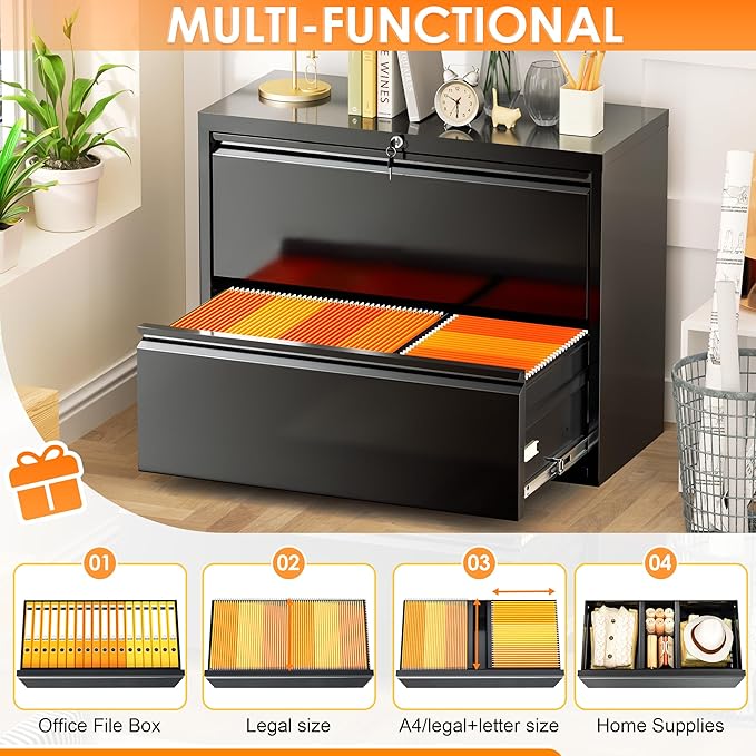 INTERGREAT Lateral File Cabinet with 2 Drawers, 28" W Black Lateral Filing Cabinet with Lock, Black Metal File Cabinets for Home Office,Letter/Legal/F4/A4