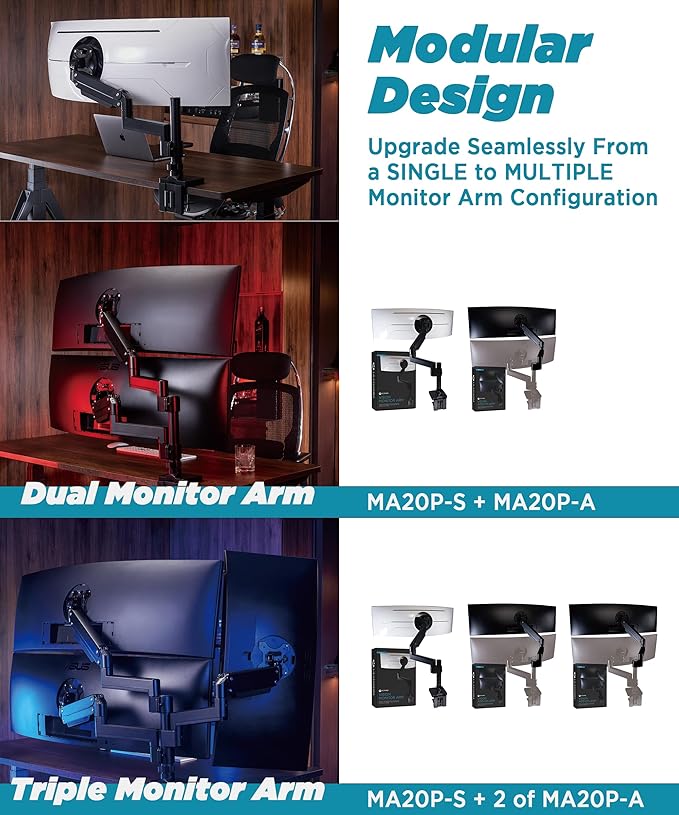 Heavy Duty Monitor Arm for Ultrawide Monitors up to 57" and 44 lbs, Single Desk Stand, Pneumatic Height Adjustable, Modular Extension Arms - Max VESA 100x100, Black, MA20P-S