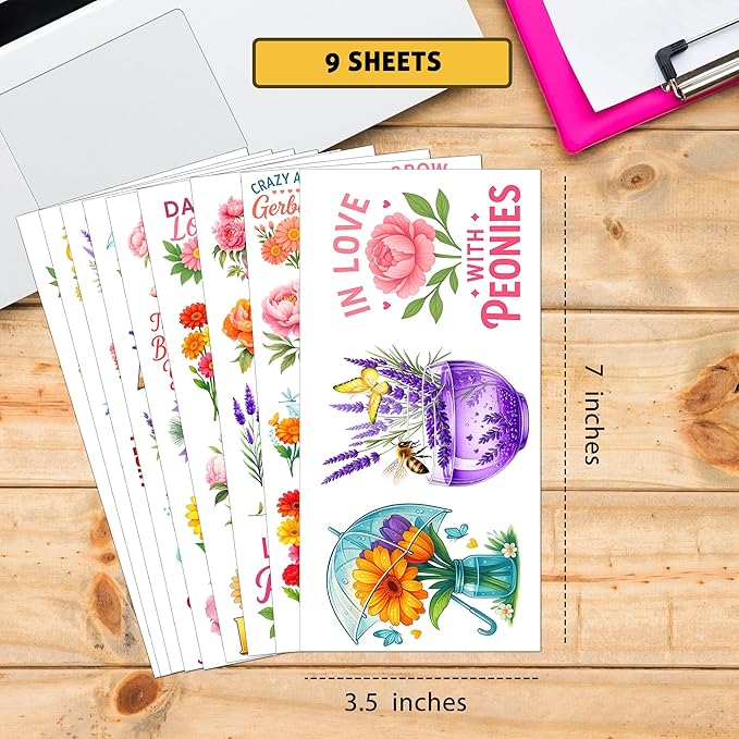 105 PCS Peony Lavender Gerbera Daisy Flower Stickers Pack Vinyl Waterproof Botanical Bloom Quote Decal for Hard Hat Bumper Car Water Bottle Scrapbook Laptop Phone Wall Gift