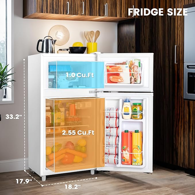 3.55 Cu.Ft Mini Fridge with Freezer, Small Fridge with 2 Doors for Office, Kitchen, Dorm and Bedroom, Mini Refrigerator with Adjustable Shelves (White)
