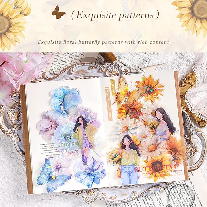 Doraking 60 Pieces Glitter Shiny Flower Stickers for Journaling, Waterproof Decorative Decal for Scrapbooking Supplies Journal Planners Art Crafts Photo Album Decor (Yellow)