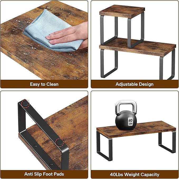 2 Sets Wooden Desktop Organizer Shelf, 2-Tier Adjustable Freestanding Bookshelf Desk Shelf, Stackable Desk Organizer for Office, Dorm, Bedroom, Space Saving, Easy Assembly, Rustic Brown (2 Pack)