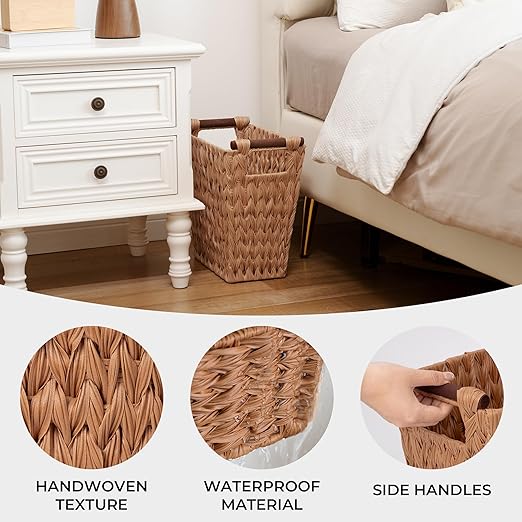 GRANNY SAYS Bathroom Wastebasket, Caramel Orange Woven Trash Can with Handles, Waterproof Wicker Waste Basket for Office, 2-Pack, 13" x 7 ½" x 12 ½"