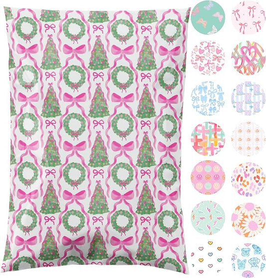 10x13 Designer Poly Mailer 100 Pack Heavy Duty Waterproof Self Seal Shipping Bags for Small Business Large Mailing Envelopes Bulk Tear Resistant Packaging Coquette Christmas Holiday Bows