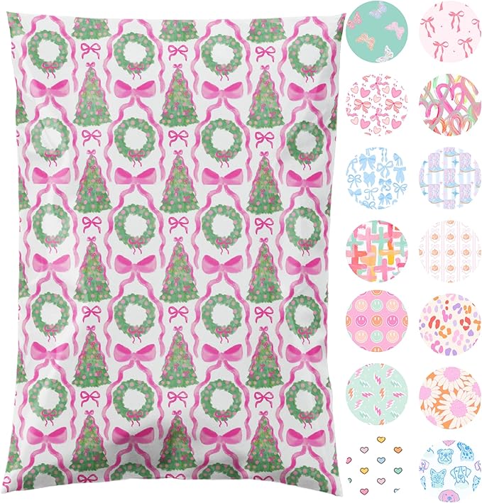 6x9 Designer Poly Mailer 100 Pack Heavy Duty Waterproof Self Seal Shipping Bags for Small Business Large Mailing Envelopes Bulk Tear Resistant Packaging Coquette Christmas Holiday Bows