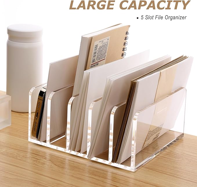 SANRUI Acrylic Desk File Organizer Holder, 5 Upright Clear Desktop Mails Sorter Document Magazine Storage Organization Letter Folder Racks for Home, Office & Classroom